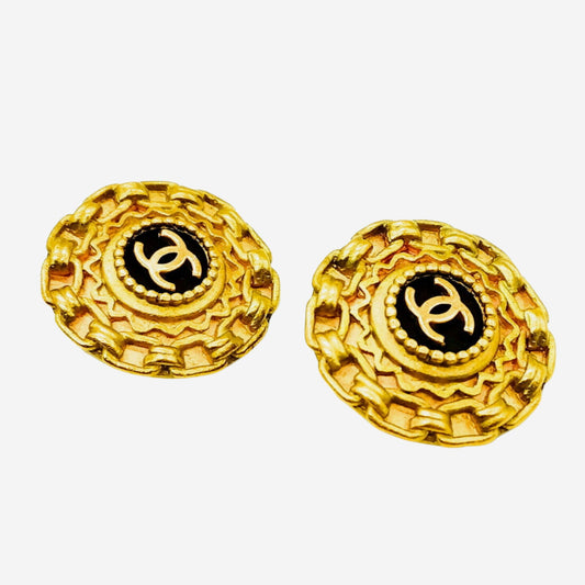 Chanel 24k Gold-Plated Black Clip-on Earrings